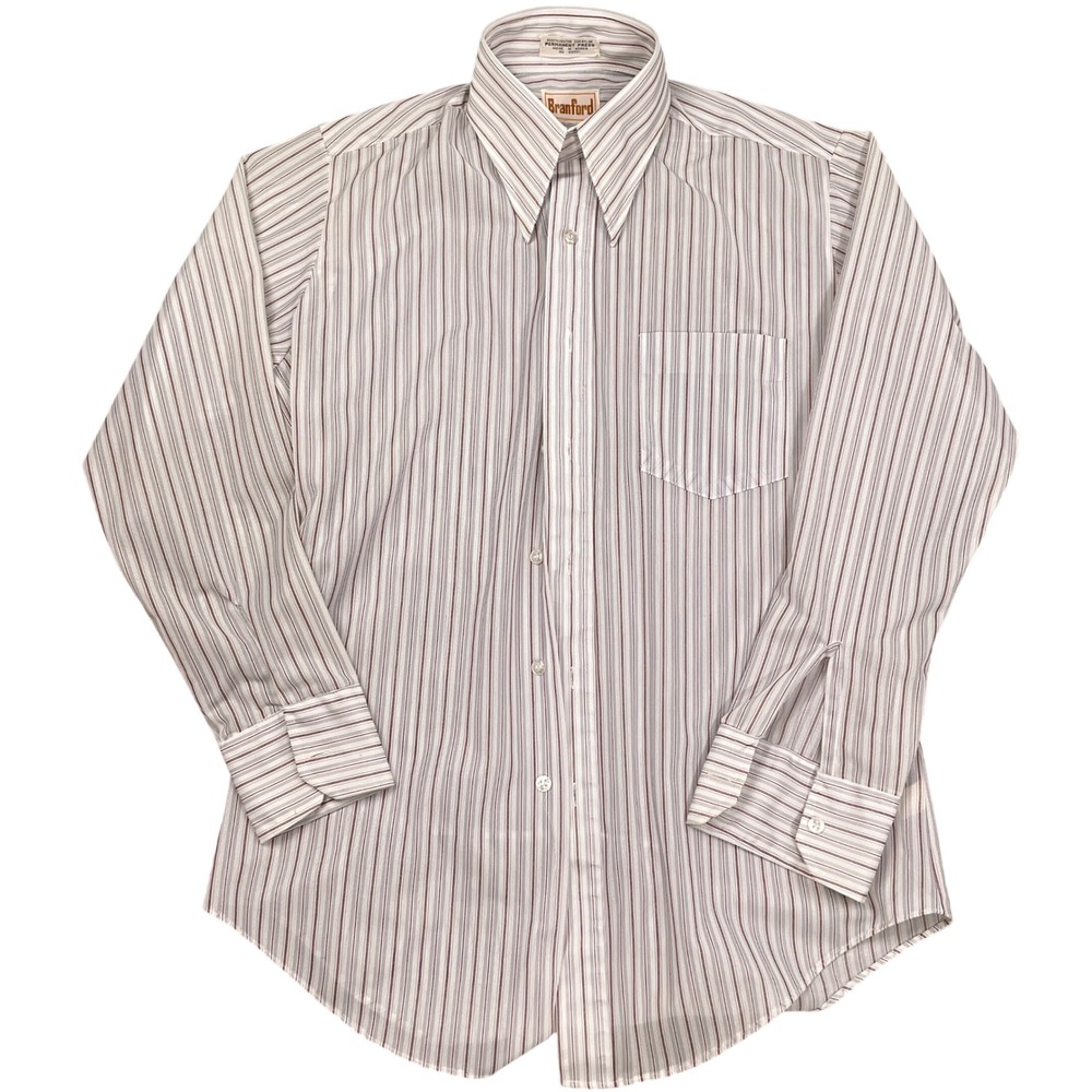 Branford Dress Shirt Mens Large White Burgundy Stripe Daggar 70s Disco Vintage
